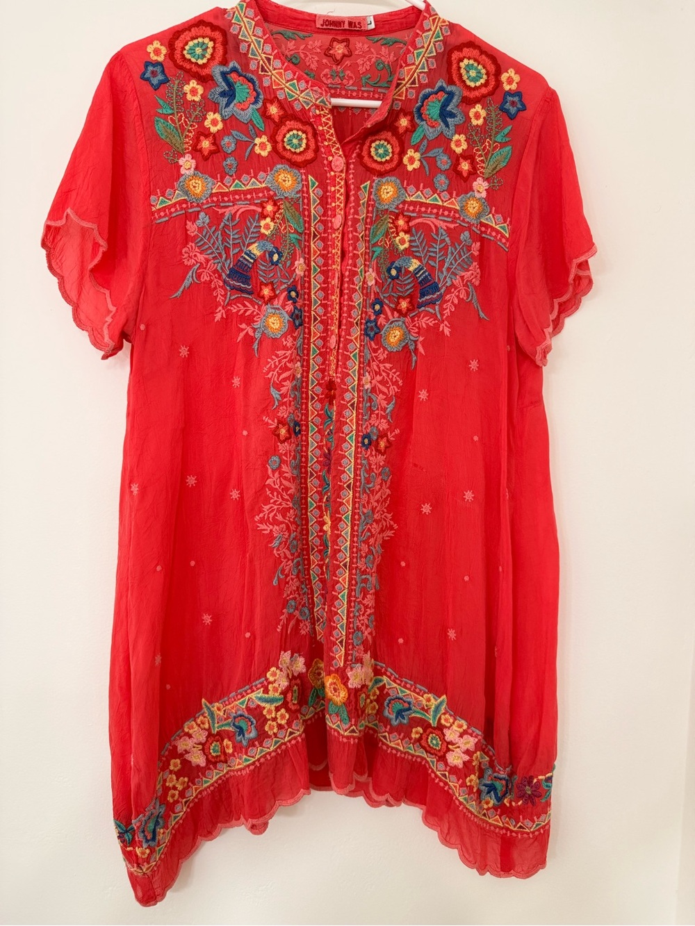 Johnny Was Red Embroidered Floral Short Sleeve Tunic or Dress